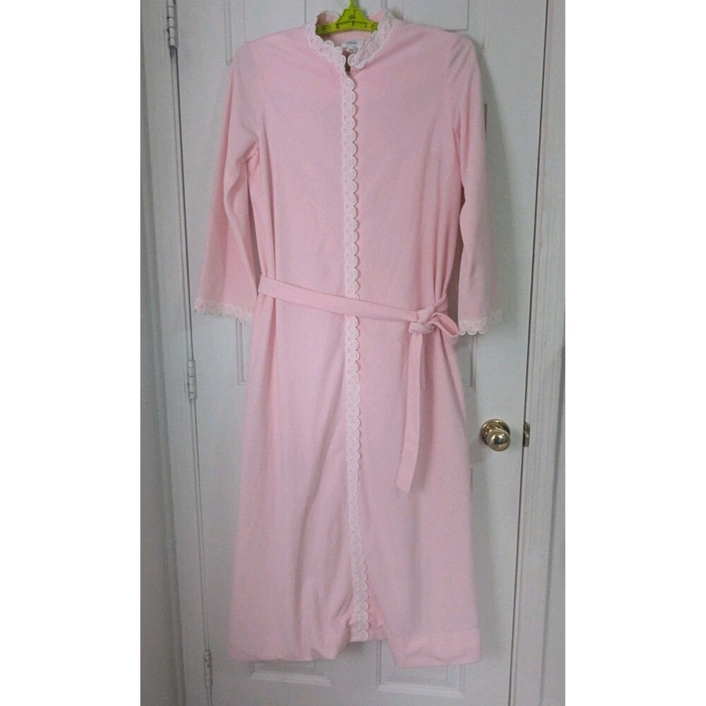 VTG Chiha Velour Robe Womens Large Pink White Lace Trim Pockets Coquette Retro